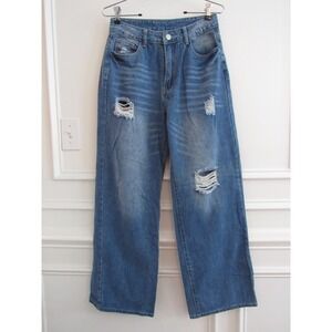 Distressed Wide Leg Jeans Women's Medium Blue Denim 90s Grunge Y2K Streetwear